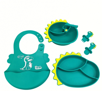 Set diversificare din silicon in forma de dinozaur format din 6 piese verde 