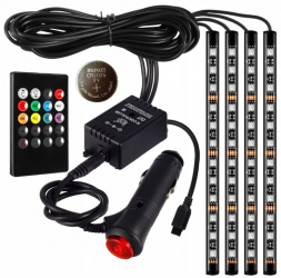 Kit 4 benzi LED RGB cu telecomanda pentru interior auto 22 cm 48 LED 