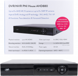DVR/NVR PNI House AHD880, 8 canale analogice 4K-N sau 8 canale IP 5MP, H265+, intrare audio, iesire audio, USB2.0, 2 x SATA max 8TB