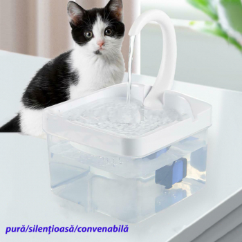 Dispenser automat apa pentru caini/pisici Zeqas plastic foarte silentios capacitate 2l lumina LED filtru 3 straturi patrat transparent