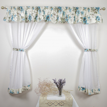 Set Perdele Bucatarie Trandafiri Albastri - 300 cm L / 160 cm H 