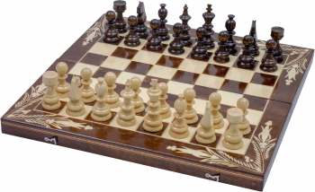 Joc Sah si Table din Lemn ROmde Lucrat Manual 44x44 cm Maro cu Alb 