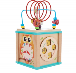 Jucarie educativa tip cub din lemn cu bile si figurine 17x17x17 cm 