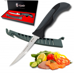 Cutit filetat carne si peste lama 12 cm curbata din otel german rezistent la apa sarata cu teaca ascutitor si cutie de cadou