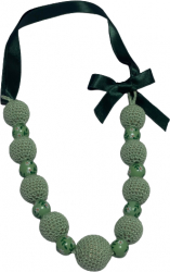 Colier Handmade Statements Reglabil Bile lemn crosetate Bile lemn pictate Bumbac premium Banda satin 66x3 cm Verde pastel 