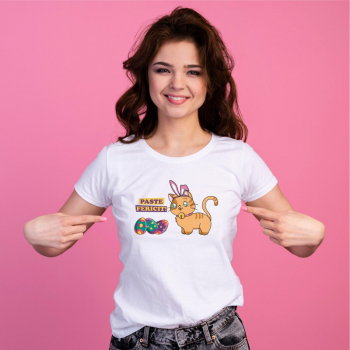 Tricou personalizat dama PASTE FERICIT PISICUTA CU URECHI DE IEPURAS Alb Bumbac Marime XL 
