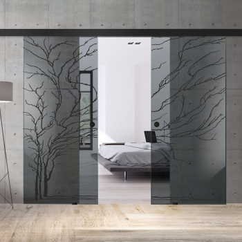 Usa culisanta Boss Duo Black model Tree negru 60+60x215 cm sticla gri securizata glisanta in ambele directii 