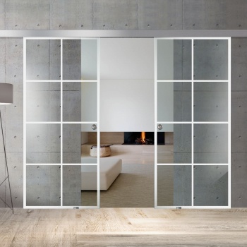 Usa culisanta Boss Duo model Residence alb 95+95x215 cm sticla clara securizata glisanta in ambele directii 