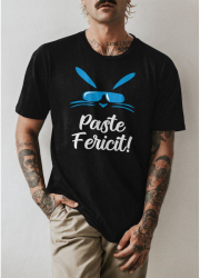 Tricou personalizat barbat PASTE FERICIT IEPURAS CU OCHELARI Negru Marime M 