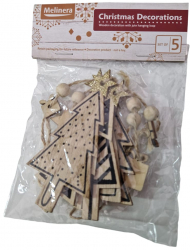 Set de 5 decoratii din lemn pentru pomul de Craciun snur de iuta forma de brad Maro MAX-BBL7750 