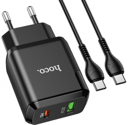 Incarcator retea Quick Charger 20W interfata 1x USB si 1x USB-C cablu USB-C 1m model HOCO N5 Negru 