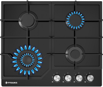 Plita gaz Pyramis 60PG 6611 4 arzatoare wok gratare fonta butoane frontale 60x51cm finisaj sticla neagra 