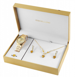 Set cadou Excellanc pentru femei cu ceas colier inel si cercei Swarovski Hearts Gold 