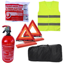 Pachet Auto Complet Omologat RAR - Stingator P1 Metalic Trusa Medicala 2x Triunghiuri Reflectorizante Vesta si Geanta Depozitare 