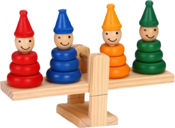 Jucarie educativa din lemn Montessori Balanta pentru echilibru si sortare cu Clovni colorati 