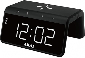 Ceas desteptator cu incarcare wireless Akai lumina de veghe 9 culori 4 nivele luminozitate display putere incarcare wirelesss 15W Negru