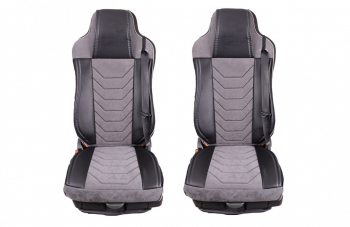 Set huse scaune camion compatibile SCANIA R G P 2005-2016 tetiere integrate piele ecologica cu catifea negru cu gri 