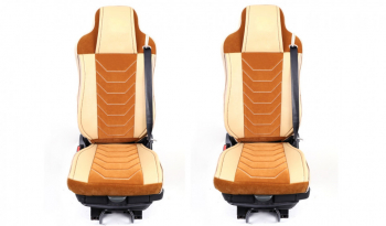 Set huse scaune camion compatibile VOLVO FH3 2002-2013 euro 5 piele ecologica cu catifea crem cu maro 