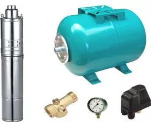 Kit complet sistem hidrofor pompa submersibila cu surub APC 4QGD 0.37/24 rezervor de 24 litri presostat racord 5 cai manometru