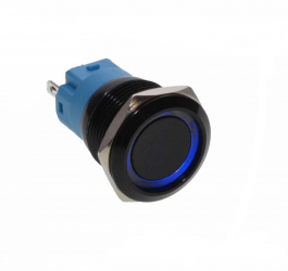Buton prin Apasare Metalic cu Retinere elSales ELS-GQ19 Diametru 19 mm Lumina LED Albastra Tensiune Alimentare 12 V Design Ergonomic Negru 