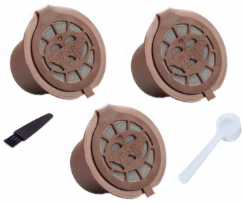 Set 3 Capsule cafea compatibil Nespresso reincarcabila/lavabila capac maro/argintiu Inox/plastic culoare maro cu periuta si lingurita 