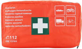 Trusa medicala de prim ajutor in conformitate cu DIN 13164 in borseta imprermeabila portocalie de dimensiuni reduse