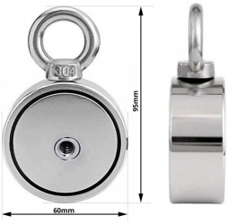 Magnet neodim oala D 60 mm cu doua carlige inelare si doua fete x 140 kg - magnet fishing 