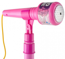 Microfon karaoke cu fir inaltime ajustabila dotat cu amplificator de voce lumini si disponibil intr-o eleganta nuanta de roz 