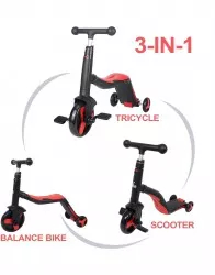 Trotineta pentru copii Axel 3 in 1 Negru/Rosu transformabila in tricicleta si balance bike 