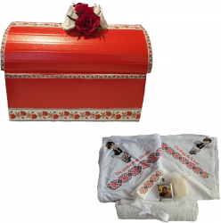 Trusou complet pentru botez baiat cu motive traditionale Handmade Minis Boutique in cufar rosu 