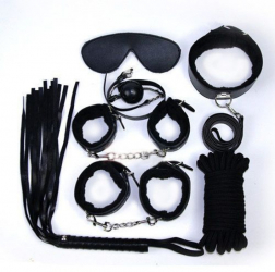 Set Bondage BDSM negru 8 piese bici masca ochi catuse maini zgarda lesa calus cu bila catuse picioare si sfoara 