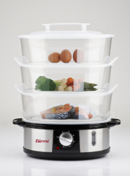 Aparat de gatit cu aburi cu 3 tavi de 4l si vas orez de 1l corp din inox timer capac anti-picurare protectie impotriva supraincalzirii 