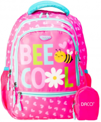 Ghiozdan Scolar cu Borseta Daco 38x30x17 cm Model Bee Cool Bretele Reglabile cu Patru Fermoare Material Poliester Roz - ADACGH341 