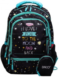 Ghiozdan Scolar cu Borseta Daco 38x30x17 cm Model I Love You To The Moon Bretele Reglabile Patru Fermoare Poliester Negru - ADACGH348 