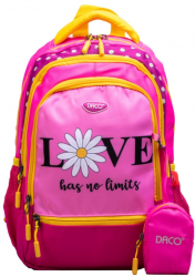 Ghiozdan Scolar cu Borseta Daco 38x30x17 cm Model Love Has No Limits Bretele Reglabile si Patru Fermoare Poliester Roz - ADACGH346 
