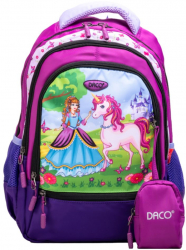 Ghiozdan Scolar cu Borseta Daco 38x30x17 cm Model Princess Bretele cu Burete Reglabile si Patru Fermoare Poliester Mov - ADACGH347 
