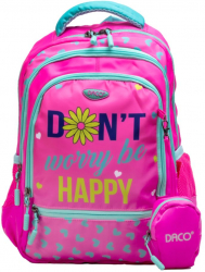 Ghiozdan Scolar Daco cu Borseta 38x30x17 cm Model Dont Worry Be Happy Bretele Reglabile Patru Fermoare Poliester Roz - ADACGH343 