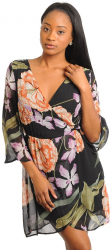 Rochie Linie a Gatului in V Maneca Medie Print Floral Negru Oranj Vaporoasa 