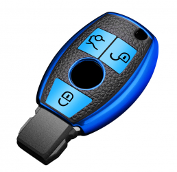 Husa albastru cu insertii piele pentru cheie Mercedes Benz A B C E R Class GLS GLA GLK GLC CLS CLA AMG-SLK W204 W205 W212 W463 W176 3 butoan 