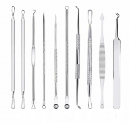 Set de 10 pensete pentru extractie puncte negre comedoane acnee ustensile cosmetice din otel inoxidabil 12 cm 