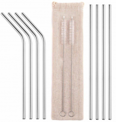 Set paie metalice pentru bauturi 8 paie si 2 periute argintiu 