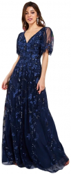 Rochie de ocazie sau banchet din dantela brodata cu paiete lunga cu maneca scurta cod 3279n 