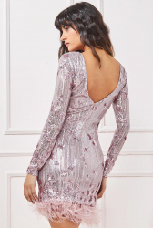 Rochie de ocazie sau banchet din dantela brodata si paiete lungime mini cu maneca lunga si pene la terminatie cod 3770 