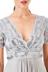Rochie lunga culoare argintie din chiffon cu bust din dantela si aplicatii din paiete 