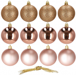 Set 12 globuri de Craciun 6 cm cu snur mat sclipici stralucitor roz auriu 