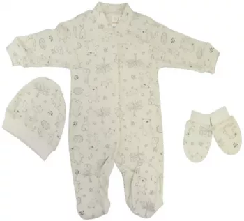Set 3 piese salopeta cu maneca lunga caciula si manusi pentru copii Minipety 0068-19 Crem 