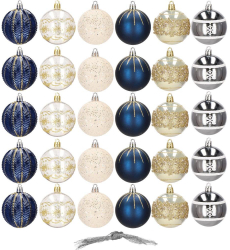 Set 30 globuri de Craciun 6 cm 6 modele cu snur bleumarin auriu argintiu alb 