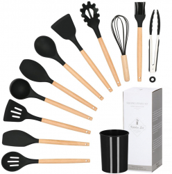 Set ustensile de bucatarie Springos 12 elemente silicon / bambus negru 