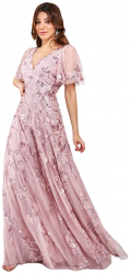 Rochie de ocazie sau banchet din dantela brodata cu paiete lunga cu maneca scurta cod 3279b 