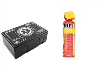 Kit siguranta rutiera- 5 ani valabilitate Trusa medicala auto prim ajutor + Stingator auto tip spray 1000 ml 
